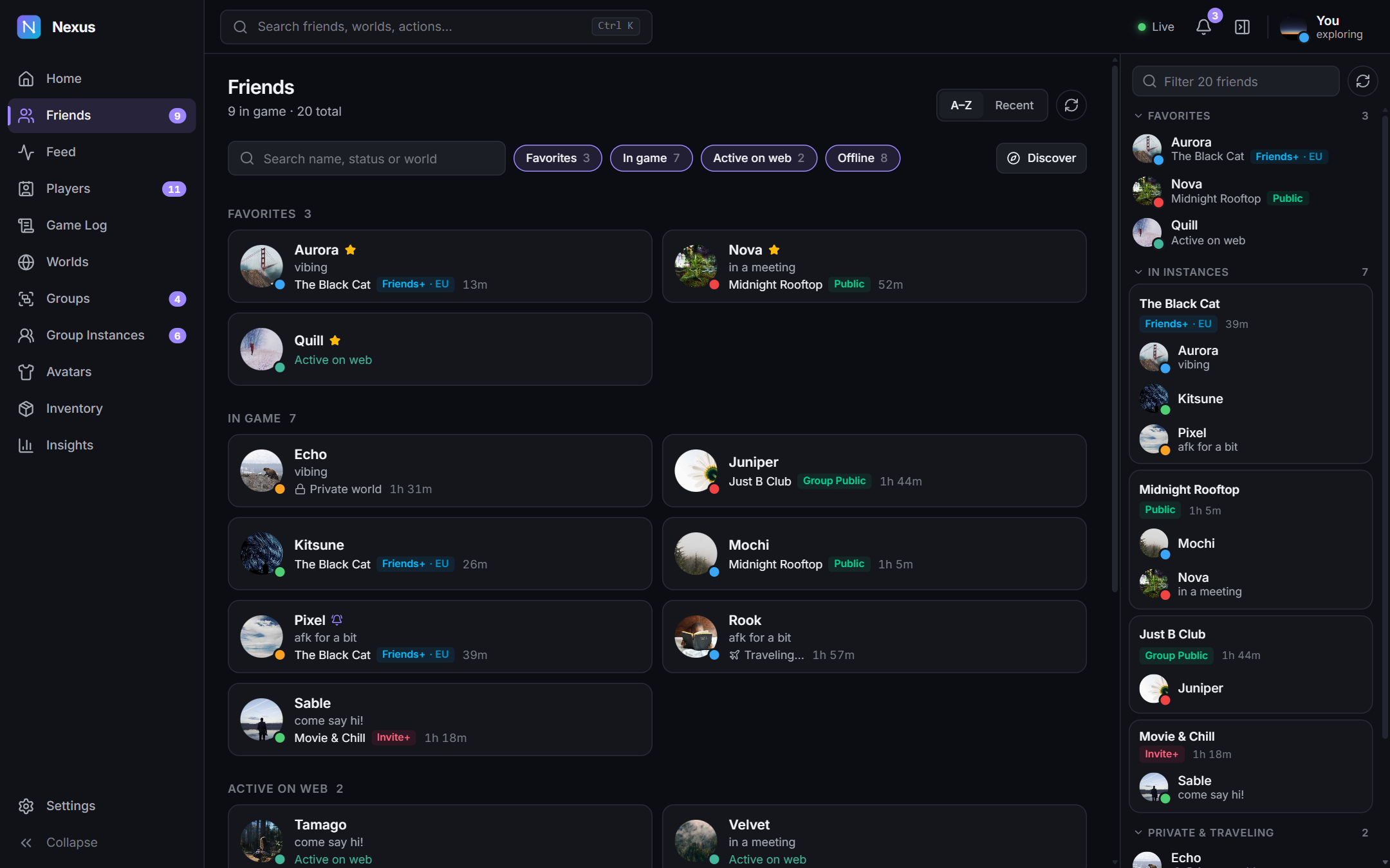 Friends page with favourites, friends in game and on the web, and their locations